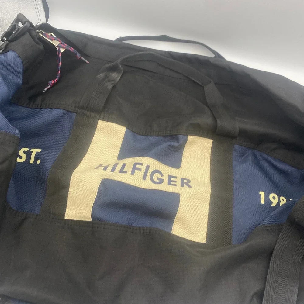 Tommy Hilfiger Duffle Bag Gym Travel Carry On Black Blue Logo 1985 Y2K Style EUC